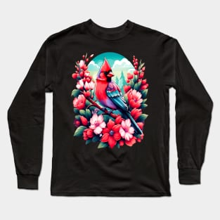 Cute Northern Cardinal Surrounded by Vibrant Spring Flowers Long Sleeve T-Shirt